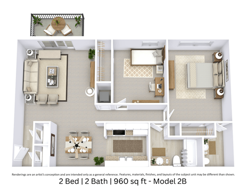 Floor plan for 2 beds, 1.5 baths, 960 sqft